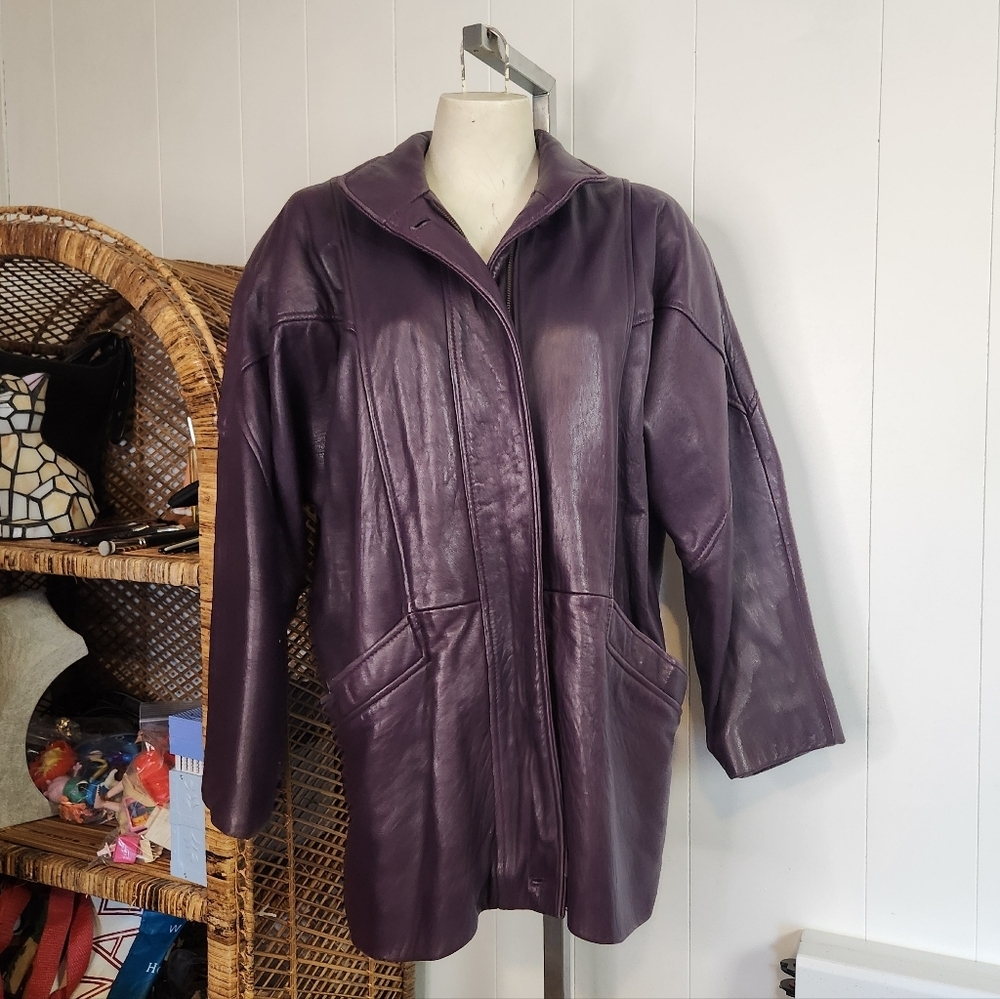 Vintage 80s Purple Soft Leather Oversized Jacket Coat 1990s Slouchy 90s Size XS - Picture 2 of 13